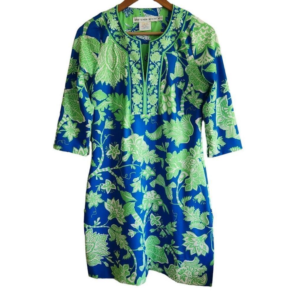 Gretchen Scott Dress Womens Small Blue Green Floral Tunic Stretch Travel Comfort